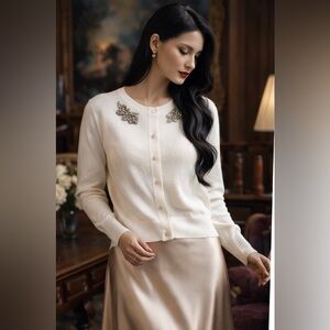NWT LIV Milano Embellished Cardigan Eggshell White Sweater Elegant Holiday
